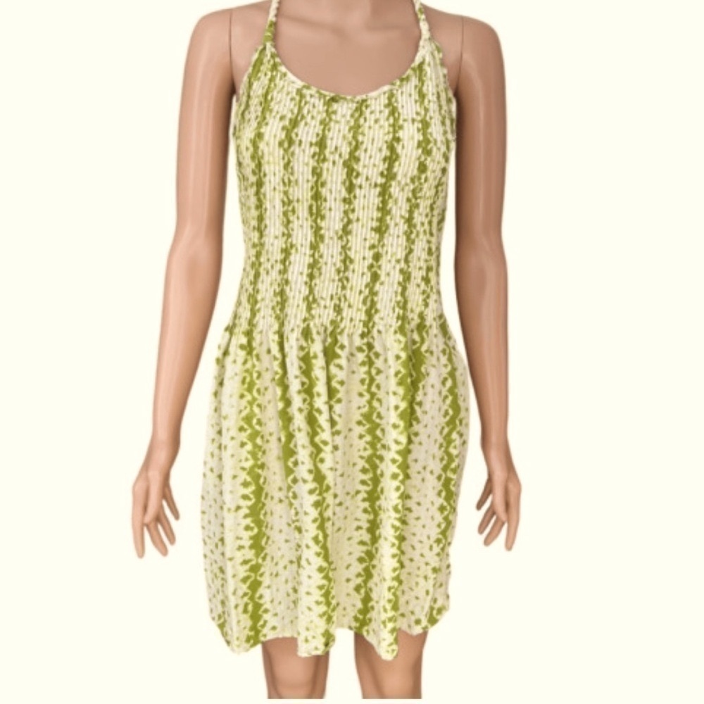 Banana Republic Size 10 100% Silk Watercolor Green Twist Strap Zip Side Dress